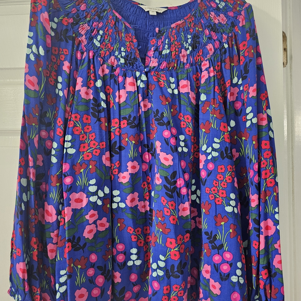 Crown & Ivy Vibrant Floral Blouse in Blue and Pink